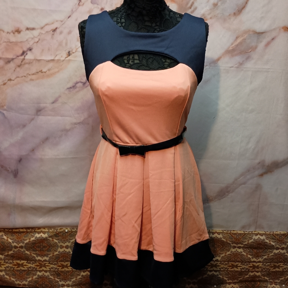 Touch Me Sleeveless Peach and Navy Pleated Dress‎